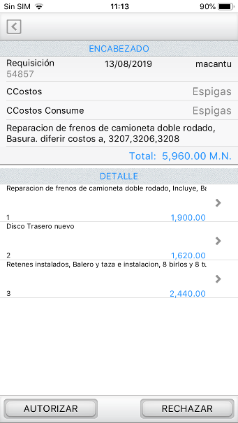Detalle de una requisición en SiirApp